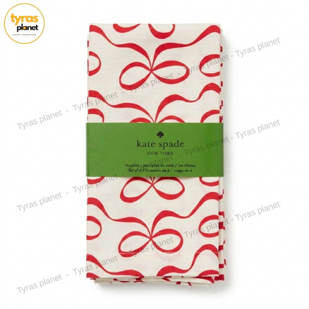 Set 6 Kate Spade Cotton Dinner Napkins Red Bows On White Elegant Christmas 19in